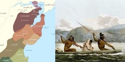 group of Ohlone people and map of Ohlone territory.